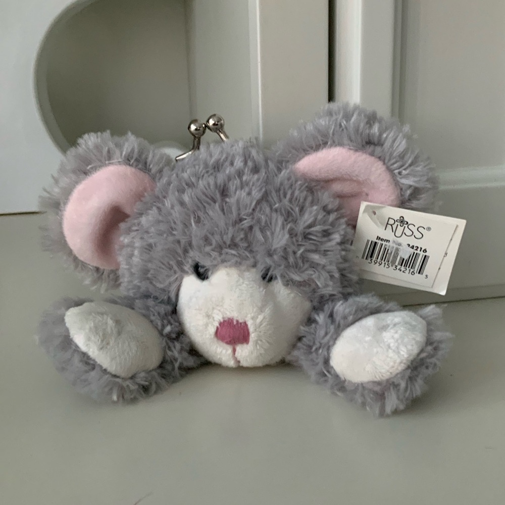 Vintage Y2K RUSS Plush Bear Grey Kiss Lock Coin Pouch Bag BRAND NEW